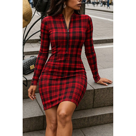 Lucky Life Kadın Uzun Kollu Fermuarlı Ekose Baskılı Dalgıç Elbise