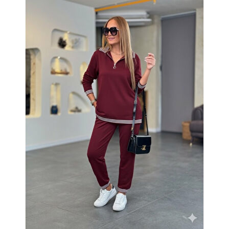 Lucky Life Lucky Life Kadın Uzun Kollu Fermuarlı şerit Detay Desenli Alt üst Ikili Viskon Iki Iplik Takım