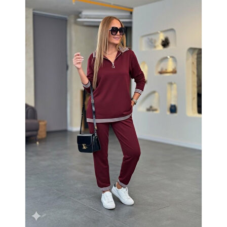 Lucky Life Lucky Life Kadın Uzun Kollu Fermuarlı şerit Detay Desenli Alt üst Ikili Viskon Iki Iplik Takım