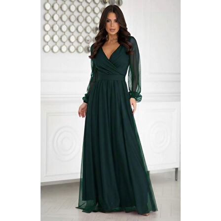 Lucky Life Kadın Uzun Kollu Kruvaze Yakalı Belden Kuşaklı Tüllü Uzun Ithal Krep Elbise