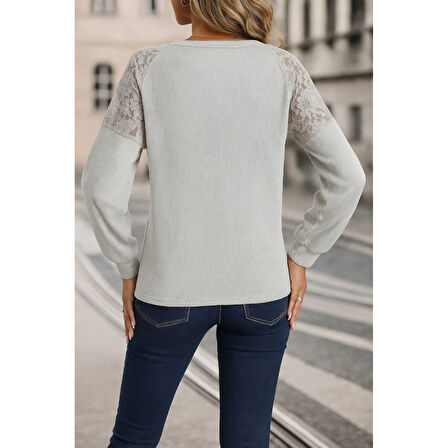 Lucky Life Kadın Uzun Kollu V Yakalı Dantelli Waffle Bluz