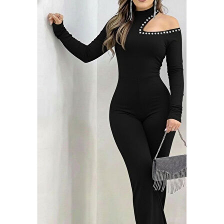 Lucky Life Kadın Tek Omuzdan Açık Balıkçı Yaka Taş Detaylı Uzun Ithal Krep Tulum