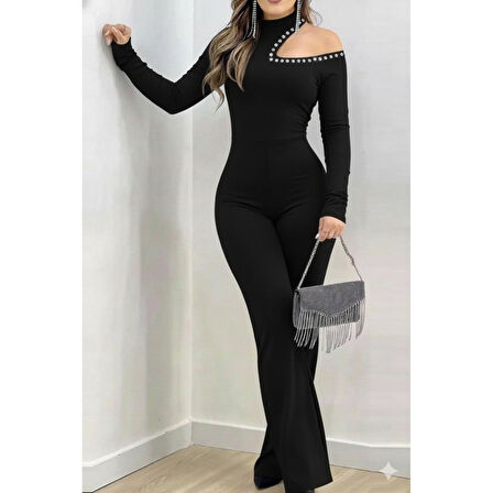 Lucky Life Kadın Tek Omuzdan Açık Balıkçı Yaka Taş Detaylı Uzun Ithal Krep Tulum