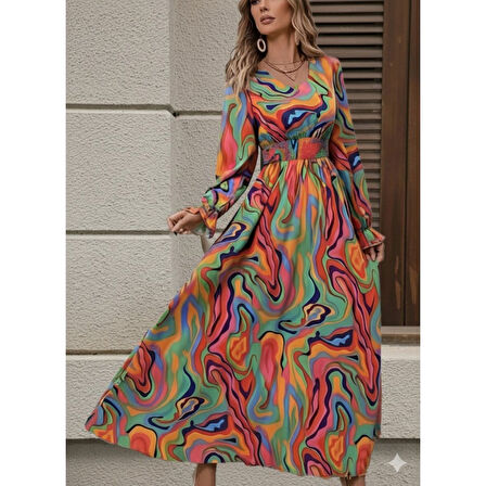 Lucky Life Kadın Uzun Kollu V Yakalı Desenli Maxi Süprem Elbise