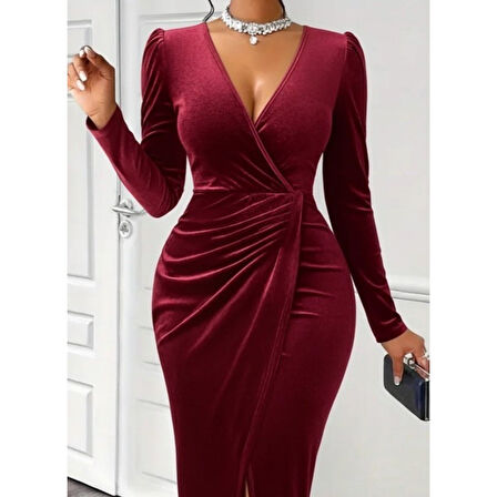 Lucky Life Kadın Uzun Kollu Kruvaze Yaka önünden çapraz Detaylı Uzun Kadife Elbise