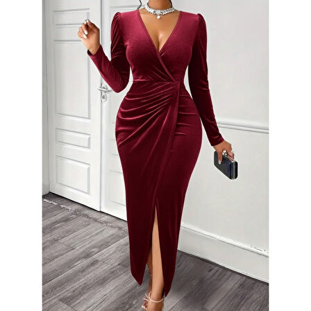 Lucky Life Kadın Uzun Kollu Kruvaze Yaka önünden çapraz Detaylı Uzun Kadife Elbise