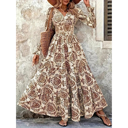 Lucky Life Kadın Uzun Kollu V Yakalı Desenli Süprem Elbise