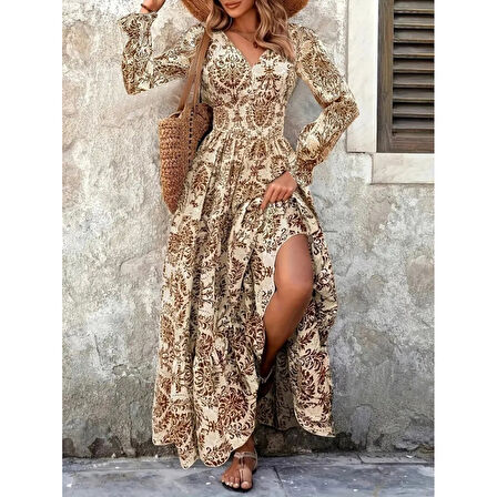 Lucky Life Kadın Uzun Kollu V Yakalı Desenli Süprem Elbise