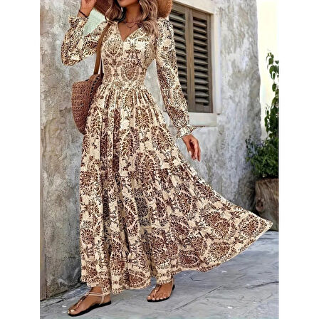 Lucky Life Kadın Uzun Kollu V Yakalı Desenli Süprem Elbise