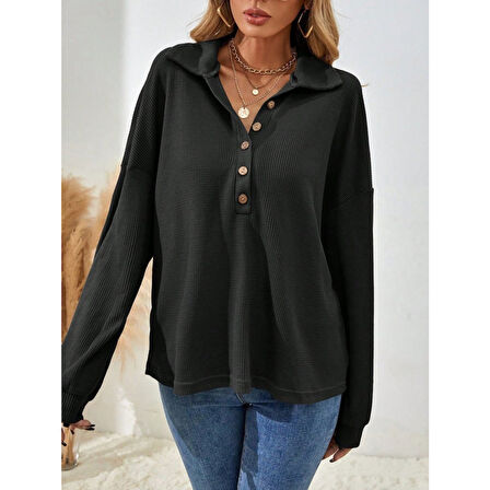 Lucky Life Kadın Uzun Kollu Yakalı Düğmeli Salaş Waffle Bluz