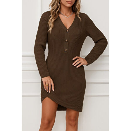 Lucky Life Kadın Uzun Kollu V Yakalı önden Düğmeli Kısa Triko Elbise