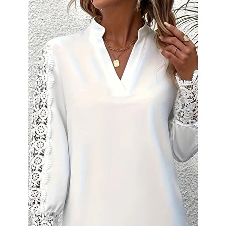 Lucky Life Kadın Uzun Kollu Hakim Yaka Kolları Dantel Detaylı Ithal Krep Bluz