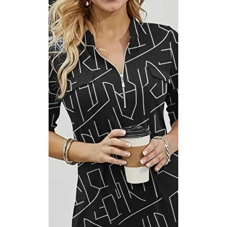 Lucky Life Kadın Uzun Kollu Hakim Yaka Yakadan Fermuarlı Geometrik Desenli Süprem Bluz