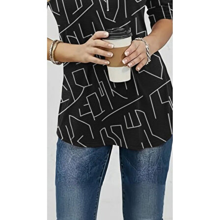 Lucky Life Kadın Uzun Kollu Hakim Yaka Yakadan Fermuarlı Geometrik Desenli Süprem Bluz