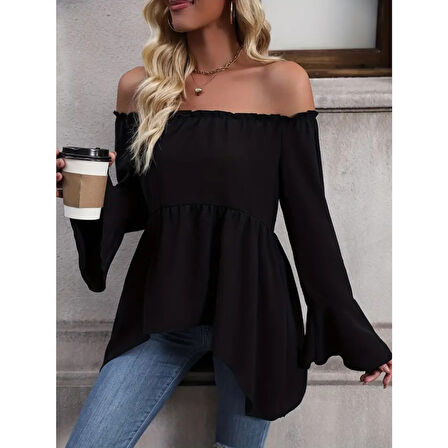 Lucky Life Kadın Uzun Kollu Madonna Yaka Asimetrik Detaylı Kolları Ispanyol Viskon Bluz