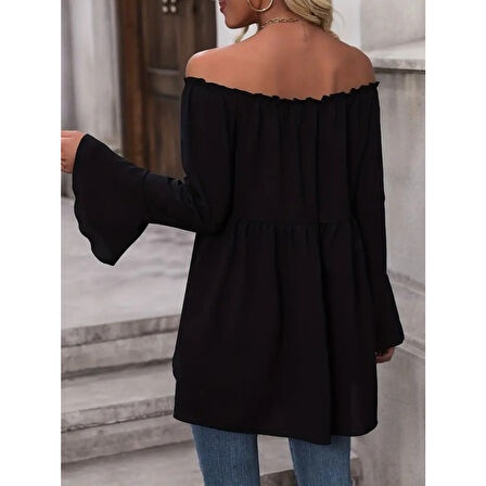 Lucky Life Kadın Uzun Kollu Madonna Yaka Asimetrik Detaylı Kolları Ispanyol Viskon Bluz