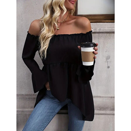 Lucky Life Kadın Uzun Kollu Madonna Yaka Asimetrik Detaylı Kolları Ispanyol Viskon Bluz