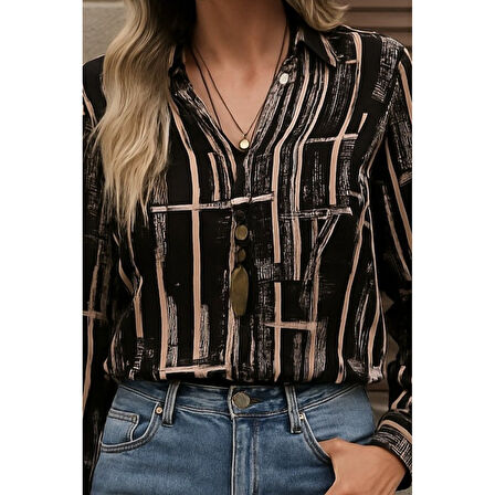 Lucky Life Kadın Uzun Kollu V Yakalı Desenli Dalgıç Bluz