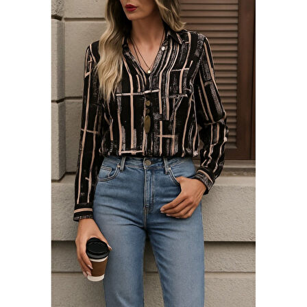 Lucky Life Kadın Uzun Kollu V Yakalı Desenli Dalgıç Bluz