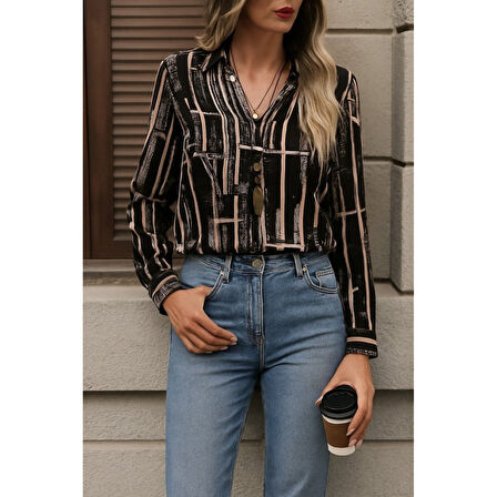 Lucky Life Kadın Uzun Kollu V Yakalı Desenli Dalgıç Bluz