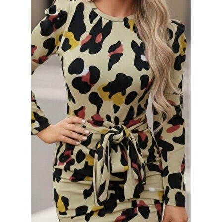 Lucky Life Lucky Life Kadın Uzun Kollu Yuvarlak Yaka Belden Kuşaklı önden Yırtmaçlı örme Krep Elbise