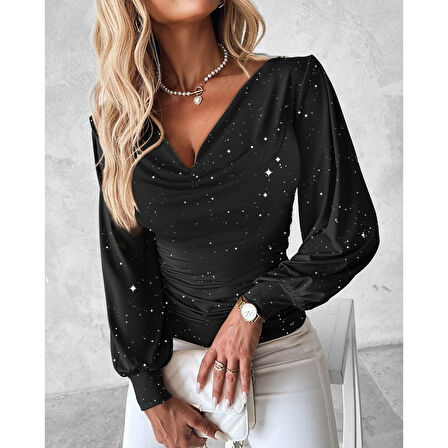 Lucky Life Kadın Uzun Kollu Degaje Yaka Taşlı Sandy Bluz