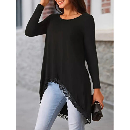 Lucky Life Kadın Uzun Kollu Bisiklet Yaka Asimetrik Kesim Detaylı Dantelli Viskon Bluz