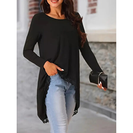 Lucky Life Kadın Uzun Kollu Bisiklet Yaka Asimetrik Kesim Detaylı Dantelli Viskon Bluz