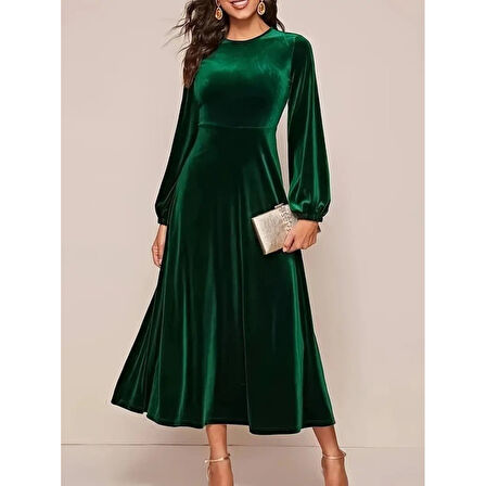 Lucky Life Kadın Uzun Kollu Bisiklet Yaka Midi Kadife Elbise