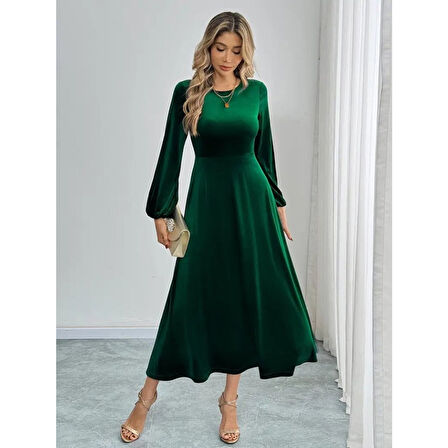 Lucky Life Kadın Uzun Kollu Bisiklet Yaka Midi Kadife Elbise