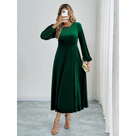 Lucky Life Kadın Uzun Kollu Bisiklet Yaka Midi Kadife Elbise