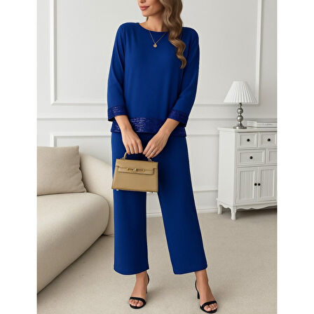 Lucky Life Kadın Uzun Kollu Bisiklet Yaka Pulpayetli Viskon Iki Iplik Bluz Ve Pantolon Ikili Takım