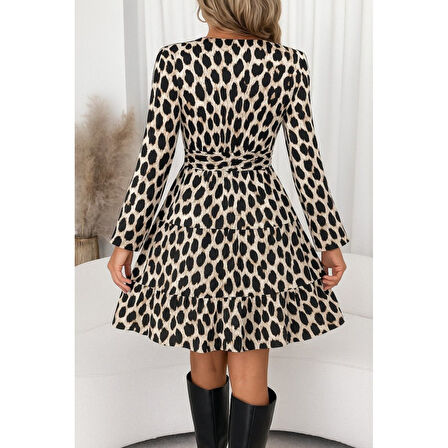 Lucky Life Kadın Uzun Kollu Kruvaze Yaka Desenli Mini Modal Elbise