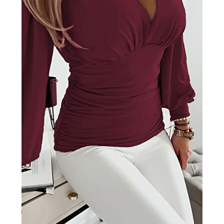 Lucky Life Kadın Uzun Kollu Derin V Yakalı önden Büzgülü Sandy Bluz