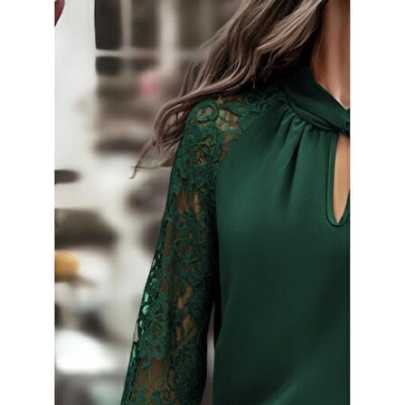 Lucky Life Kadın Uzun Kollu Yaka Düğme Detay Güpürlü Kol Krep Bluz