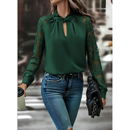 Lucky Life Kadın Uzun Kollu Yaka Düğme Detay Güpürlü Kol Krep Bluz