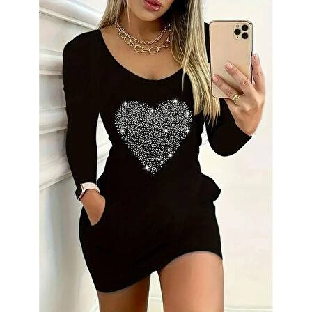 Lucky Life Kadın Uzun Kollu Yuvarlak Yaka Taşlı Kalp Desenli Viskon Iki Iplik Elbise