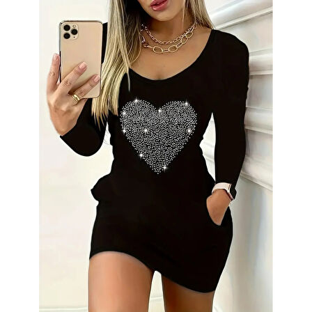 Lucky Life Kadın Uzun Kollu Yuvarlak Yaka Taşlı Kalp Desenli Viskon Iki Iplik Elbise