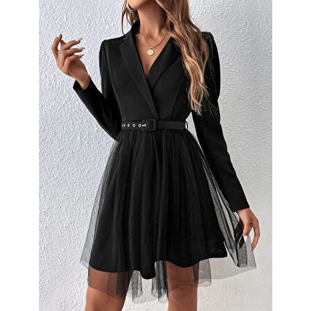 Lucky Life Kadın Uzun Kollu Yakalı Belinde Kemer Detaylı Mini Tüllü Ithal Krep Elbise