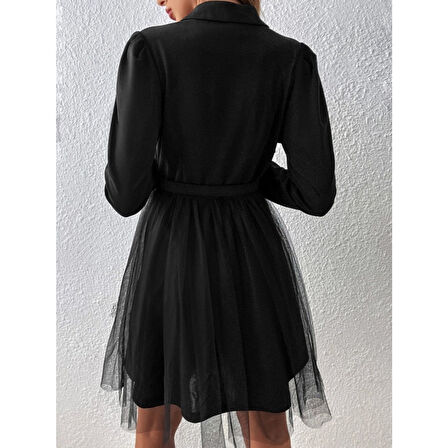 Lucky Life Kadın Uzun Kollu Yakalı Belinde Kemer Detaylı Mini Tüllü Ithal Krep Elbise