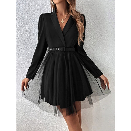 Lucky Life Kadın Uzun Kollu Yakalı Belinde Kemer Detaylı Mini Tüllü Ithal Krep Elbise