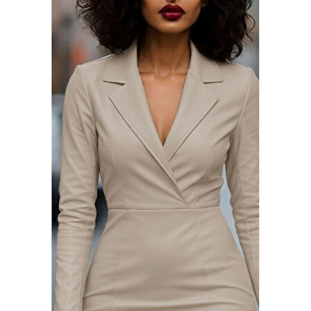 Lucky Life Kadın Uzun Kollu Yakalı Mini Deri Elbise