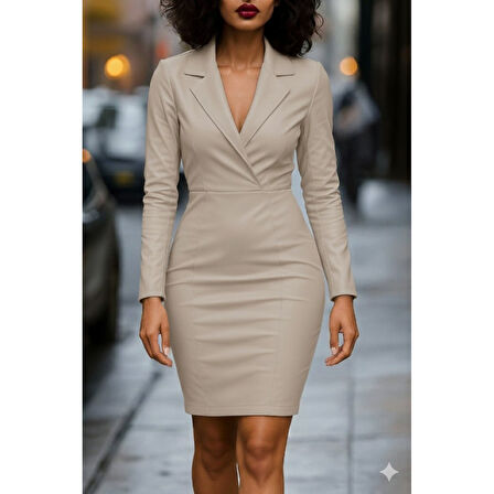 Lucky Life Kadın Uzun Kollu Yakalı Mini Deri Elbise