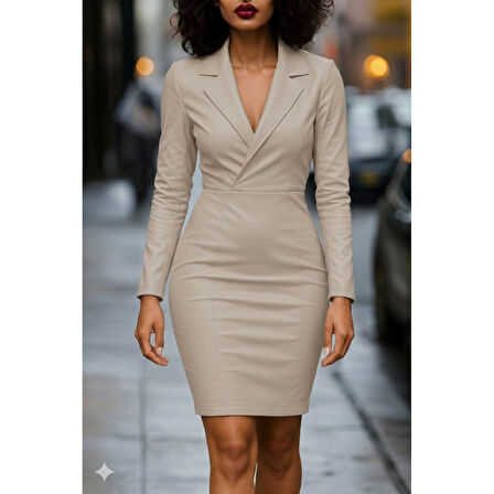 Lucky Life Kadın Uzun Kollu Yakalı Mini Deri Elbise