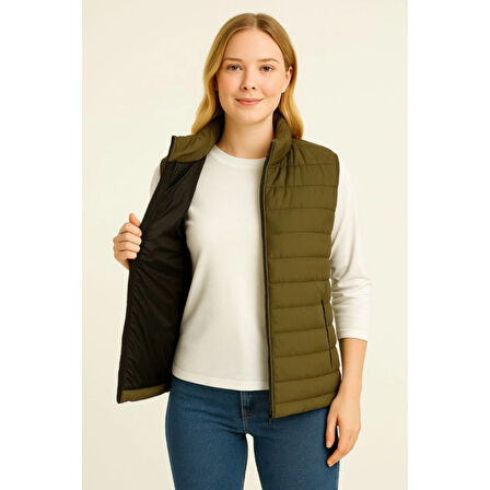 Lucky Life Kadın Şişme FermuarlıYelek Su Itici Kapitone Astarlı Kumaş Cepli Hafif Kışlık Spor Rahat Kalıp - Haki