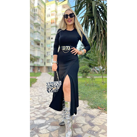 Lucky Life Kadın Uzun Kollu Bisiklet Yaka Yırtmaçlı Kemerli Uzun çilek Elbise