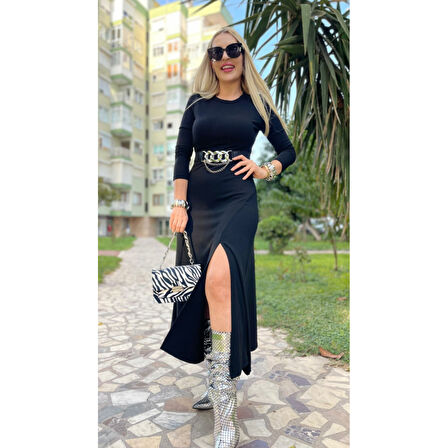 Lucky Life Kadın Uzun Kollu Bisiklet Yaka Yırtmaçlı Kemerli Uzun çilek Elbise