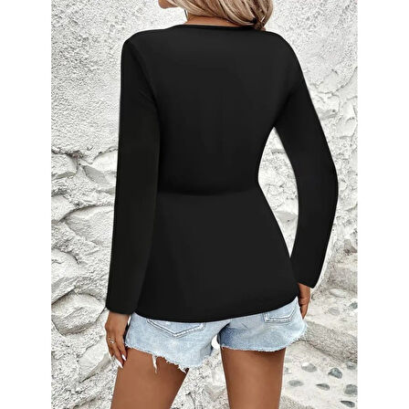 Lucky Life Kadın Uzun Kollu Dekolteli Sarmal Detaylı Viskon Bluz