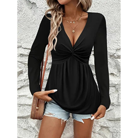 Lucky Life Kadın Uzun Kollu Dekolteli Sarmal Detaylı Viskon Bluz