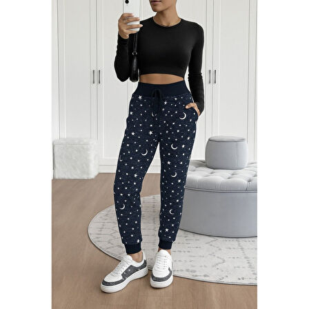 Lucky Life Kadın Yüksek Bel Bağcıklı Desenli Iki Iplik Pantolon